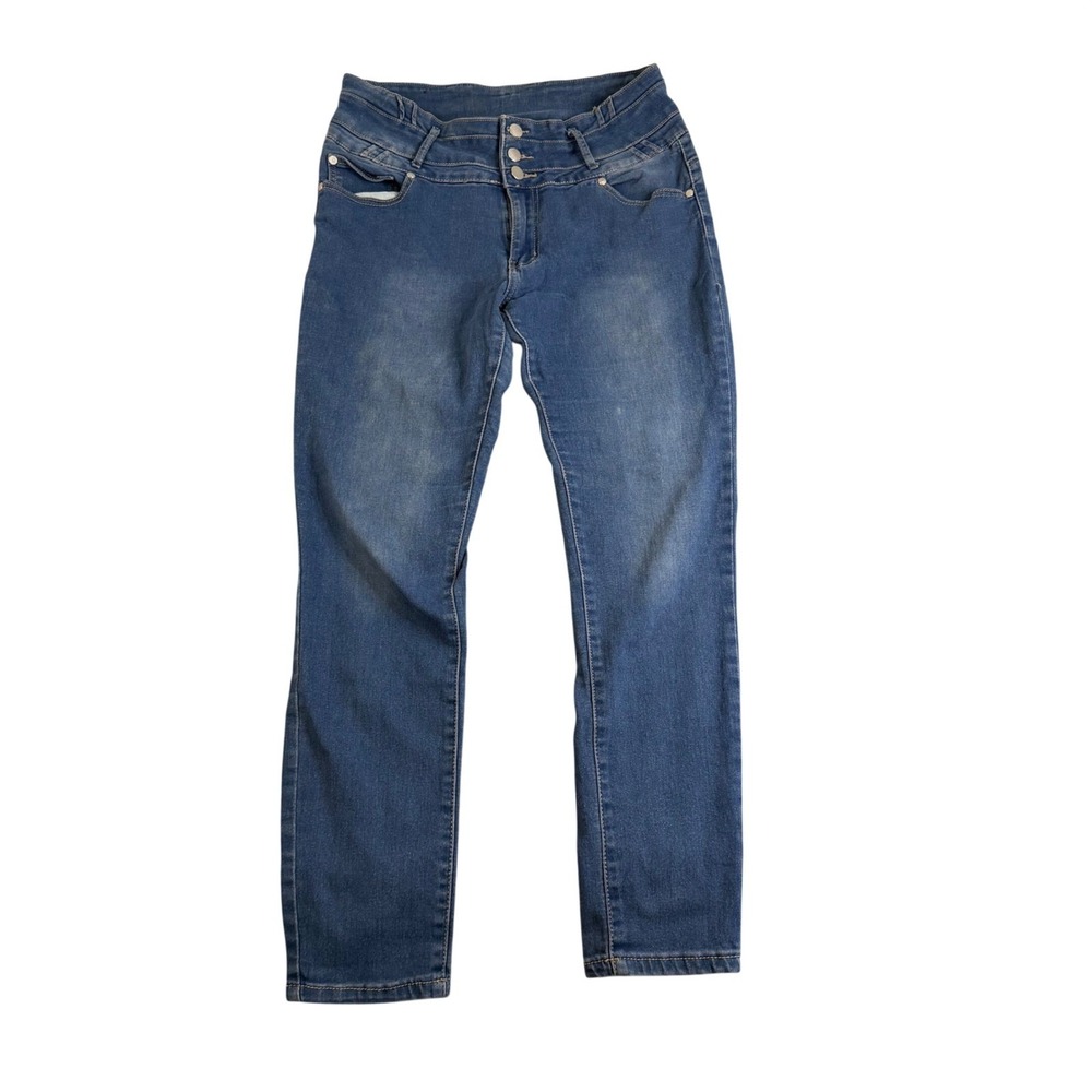 T&Y Fashion Womens High Rise Triple Button Skinny Jeans Medium Wash Blue 15/16